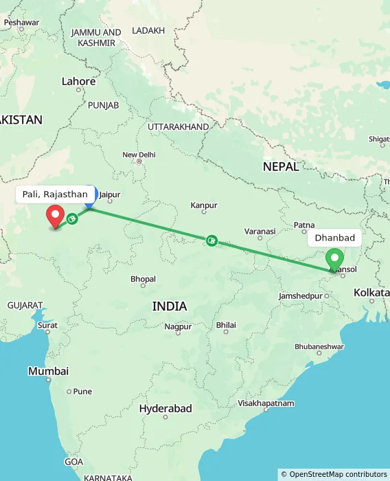 Route map showing distance and travel time from Dhanbad, India to Pali, Rajasthan, India