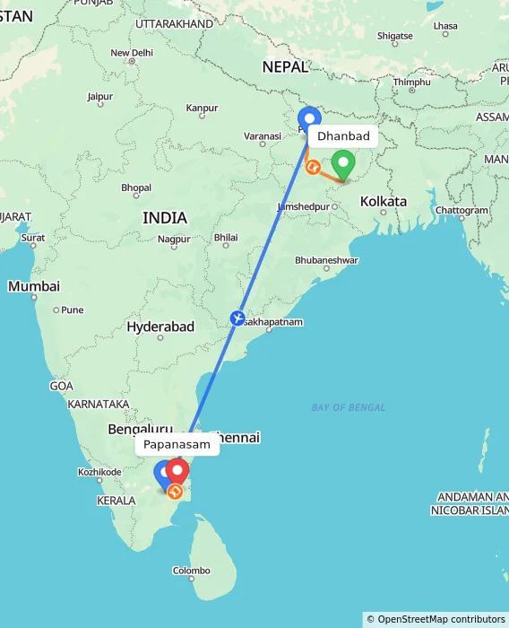 Route map showing distance and travel time from Dhanbad, India to Papanasam, India