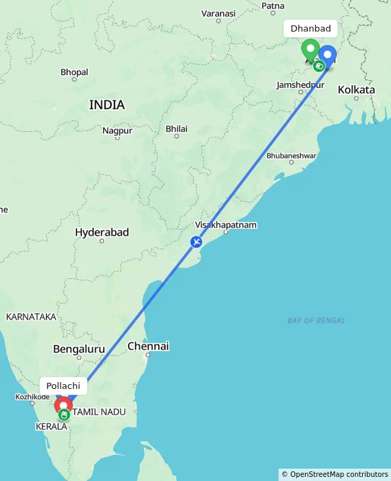 Route map showing distance and travel time from Dhanbad, India to Pollachi, India