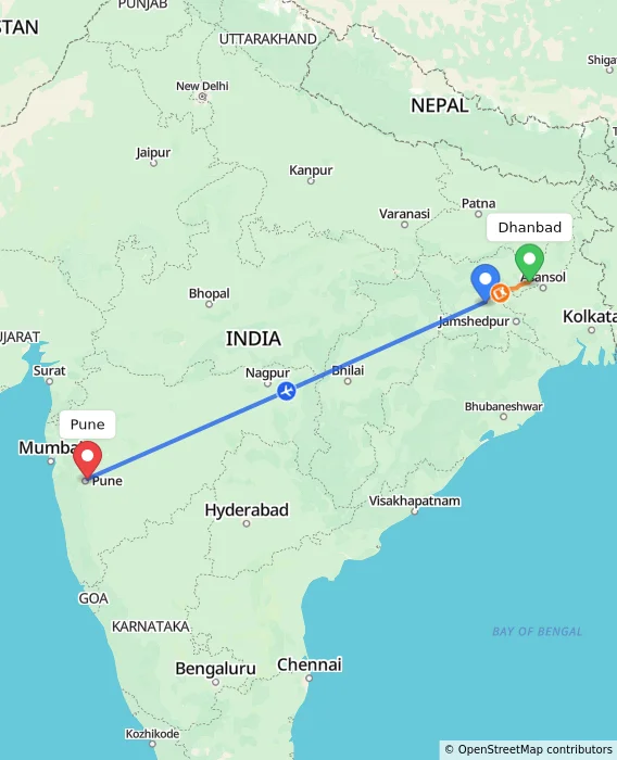 Route map showing distance and travel time from Dhanbad, India to Pune, India