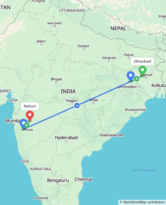 Route map showing distance and travel time from Dhanbad, India to Rahuri, India