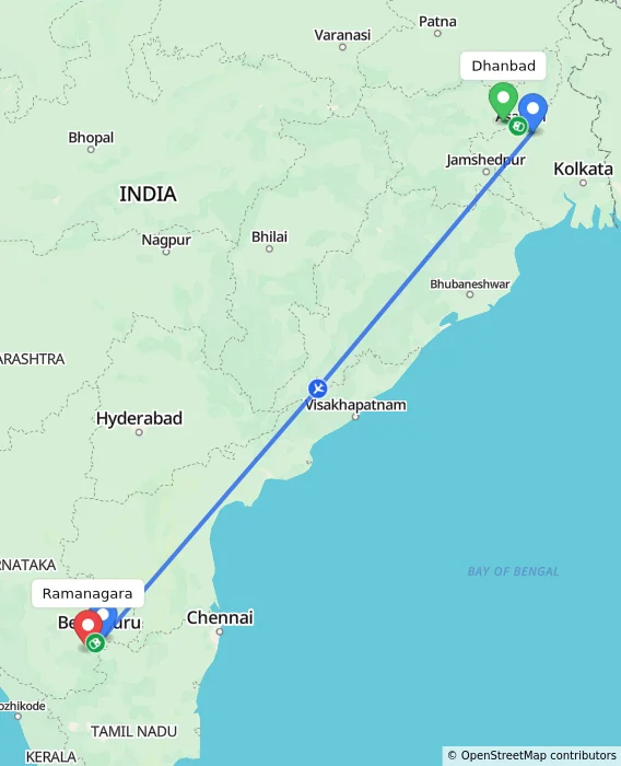 Route map showing distance and travel time from Dhanbad, India to Ramanagara, India