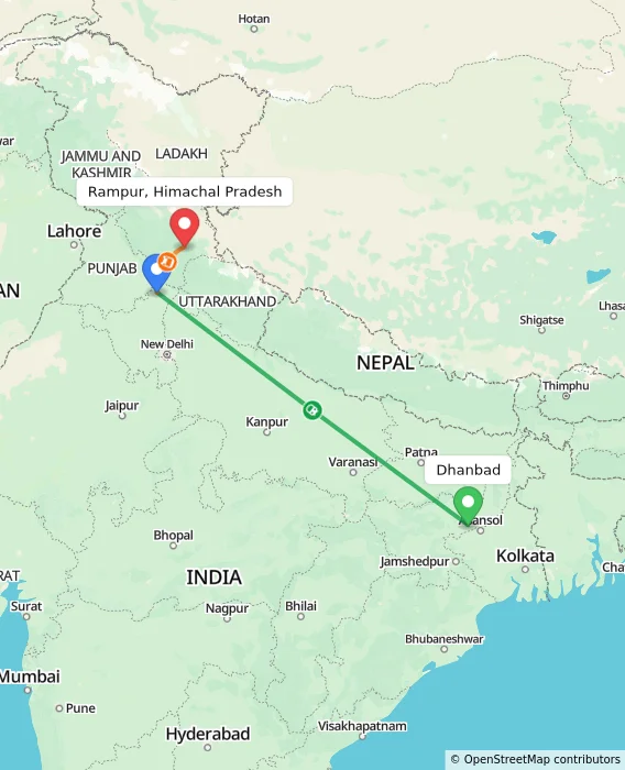Route map showing distance and travel time from Dhanbad, India to Rampur, Himachal Pradesh, India