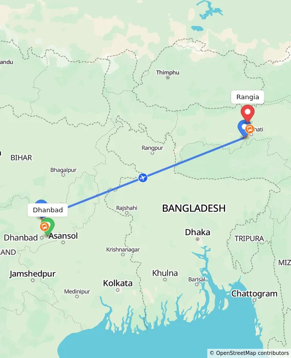 Route map showing distance and travel time from Dhanbad, India to Rangia, India