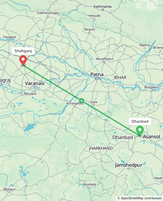Route map showing distance and travel time from Dhanbad, India to Shahganj, India