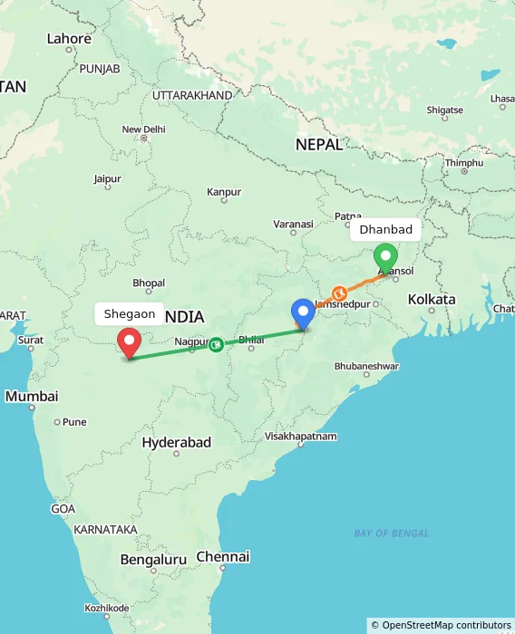 Route map showing distance and travel time from Dhanbad, India to Shegaon, India