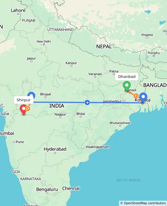 Route map showing distance and travel time from Dhanbad, India to Shirpur, India