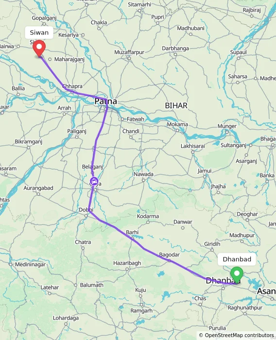 Route map showing distance and travel time from Dhanbad, India to Siwan, India