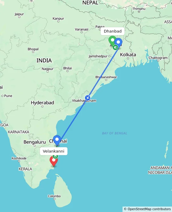 Route map showing distance and travel time from Dhanbad, India to Velankanni, India