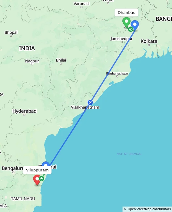 Route map showing distance and travel time from Dhanbad, India to Viluppuram, India