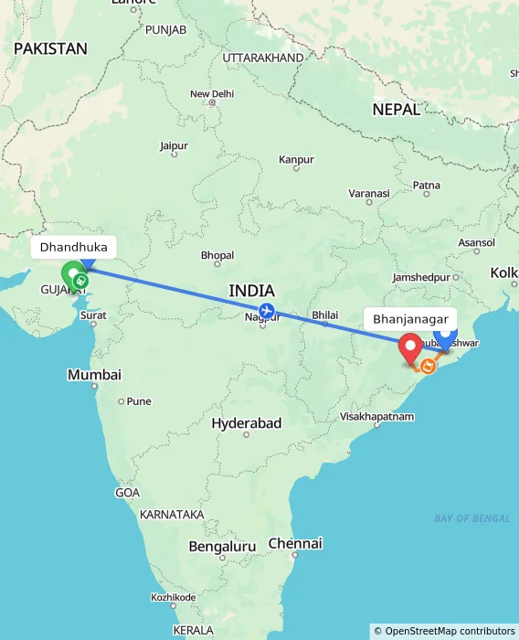 Route map showing distance and travel time from Dhandhuka, India to Bhanjanagar, India