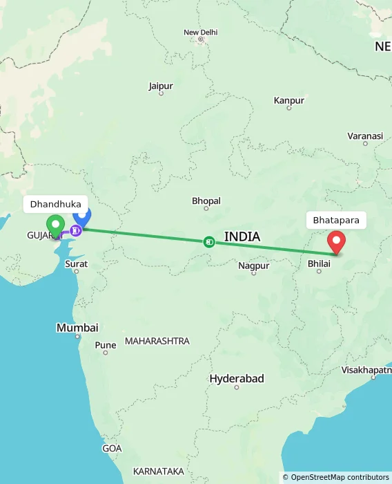 Route map showing distance and travel time from Dhandhuka, India to Bhatapara, India