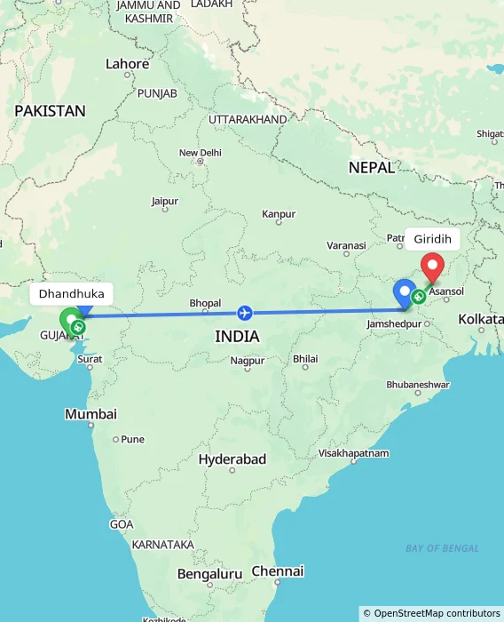 Route map showing distance and travel time from Dhandhuka, India to Giridih, India