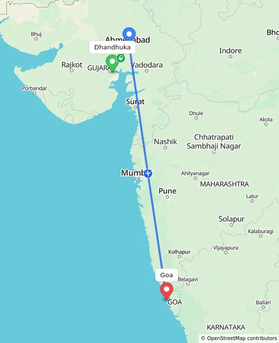 Route map showing distance and travel time from Dhandhuka, India to Goa, India