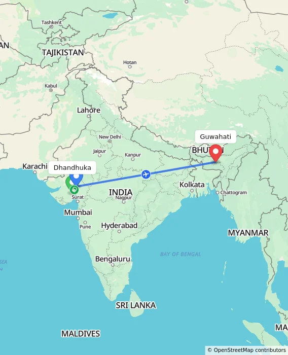 Route map showing distance and travel time from Dhandhuka, India to Guwahati, India