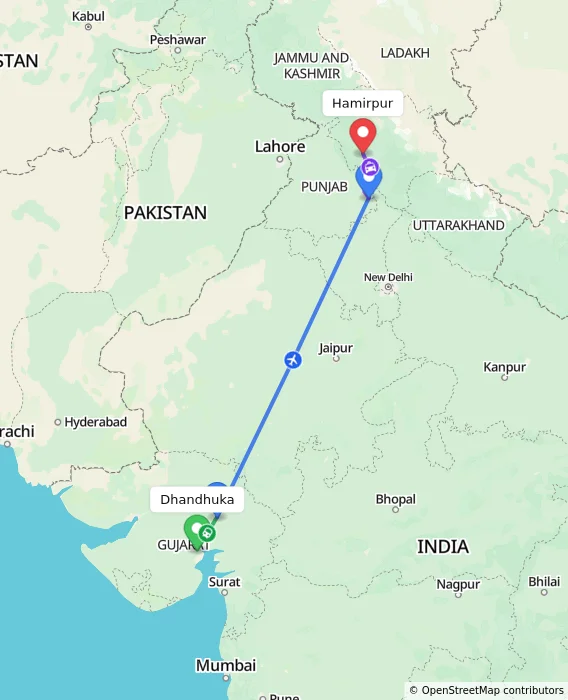 Route map showing distance and travel time from Dhandhuka, India to Hamirpur, India