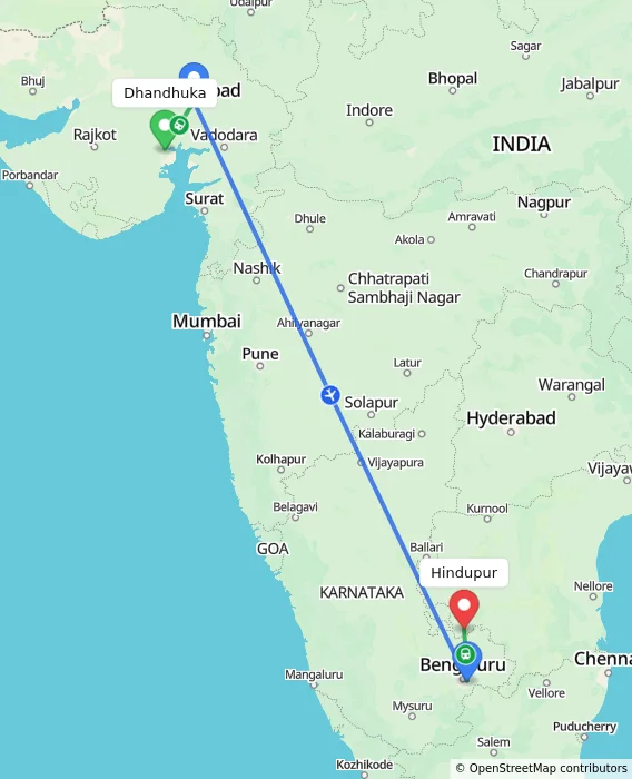 Route map showing distance and travel time from Dhandhuka, India to Hindupur, India