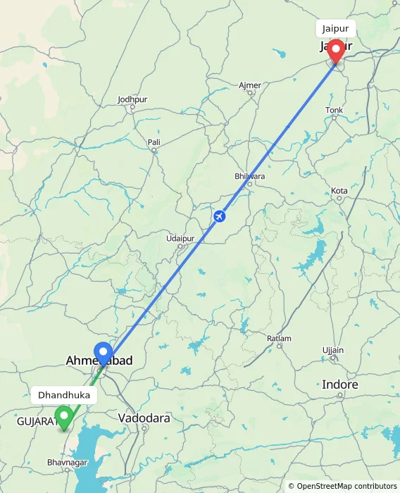 Route map showing distance and travel time from Dhandhuka, India to Jaipur, India