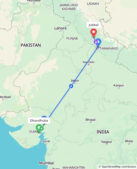 Route map showing distance and travel time from Dhandhuka, India to Jubbal, India
