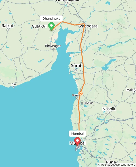 Route map showing distance and travel time from Dhandhuka, India to Mumbai, India