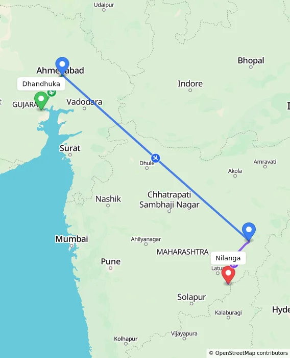 Route map showing distance and travel time from Dhandhuka, India to Nilanga, India