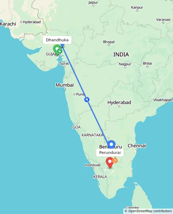 Route map showing distance and travel time from Dhandhuka, India to Perundurai, India
