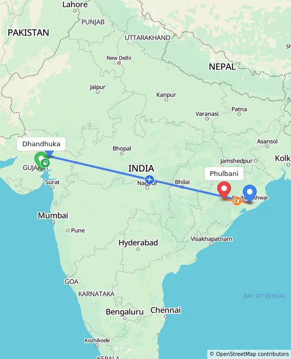 Route map showing distance and travel time from Dhandhuka, India to Phulbani, India