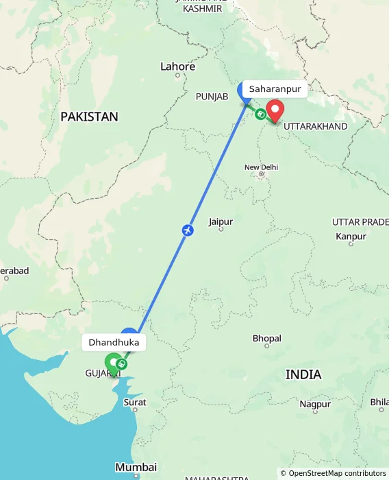 Route map showing distance and travel time from Dhandhuka, India to Saharanpur, India