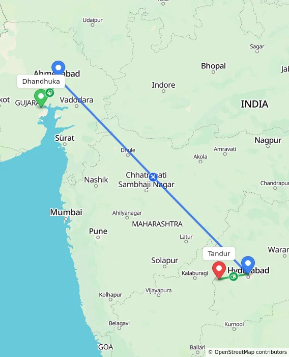 Route map showing distance and travel time from Dhandhuka, India to Tandur, India