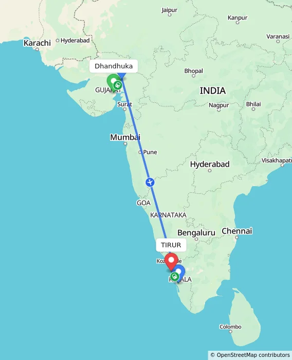 Route map showing distance and travel time from Dhandhuka, India to TIRUR, India