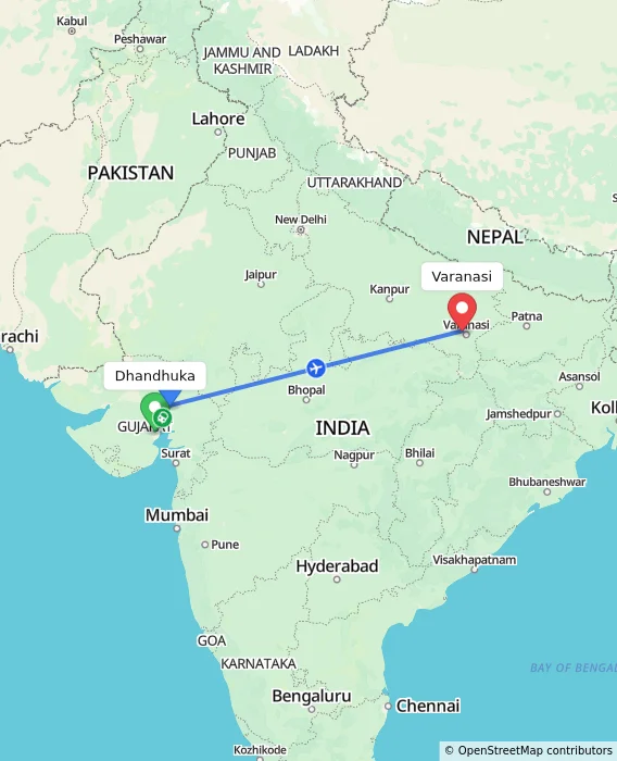 Route map showing distance and travel time from Dhandhuka, India to Varanasi, India