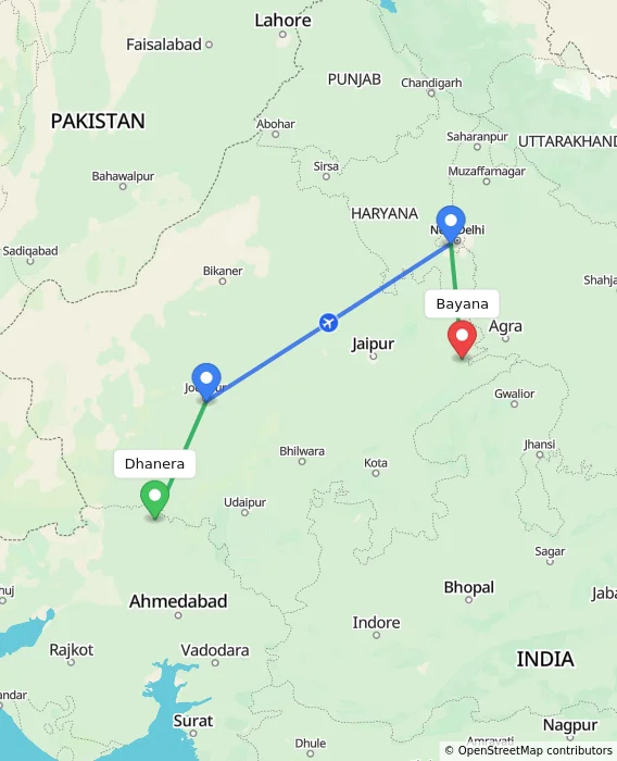 Route map showing distance and travel time from Dhanera, India to Bayana, India