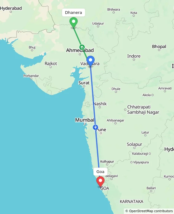 Route map showing distance and travel time from Dhanera, India to Goa, India