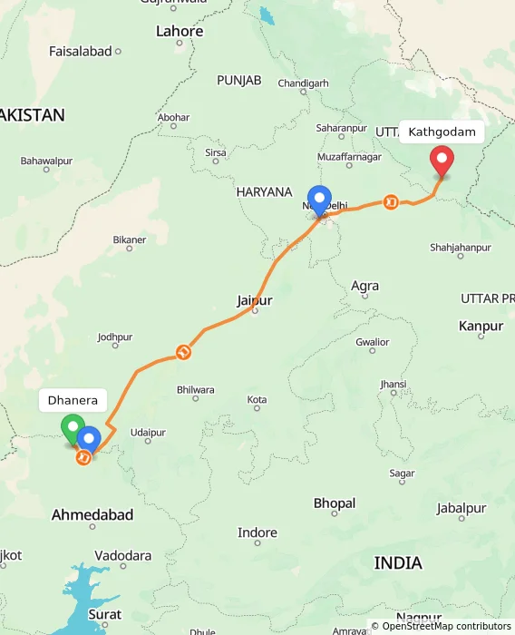 Route map showing distance and travel time from Dhanera, India to Kathgodam, India