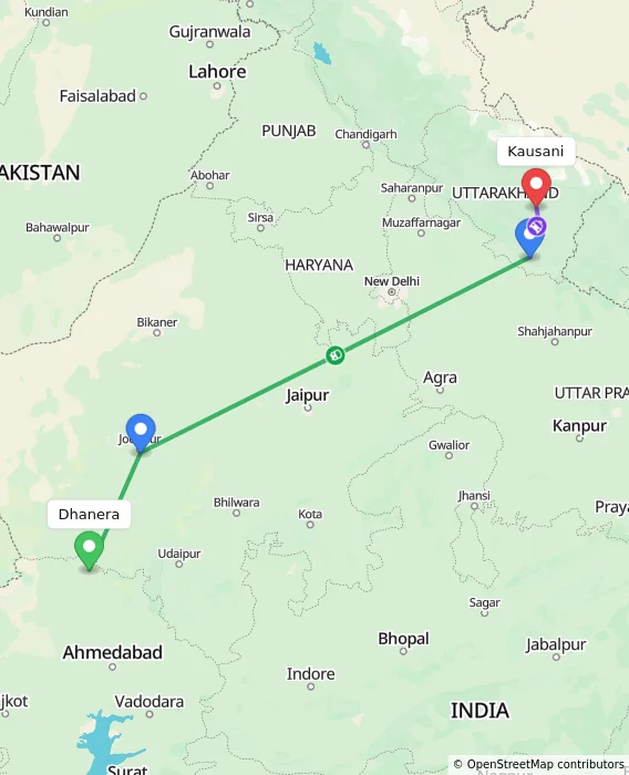 Route map showing distance and travel time from Dhanera, India to Kausani, India