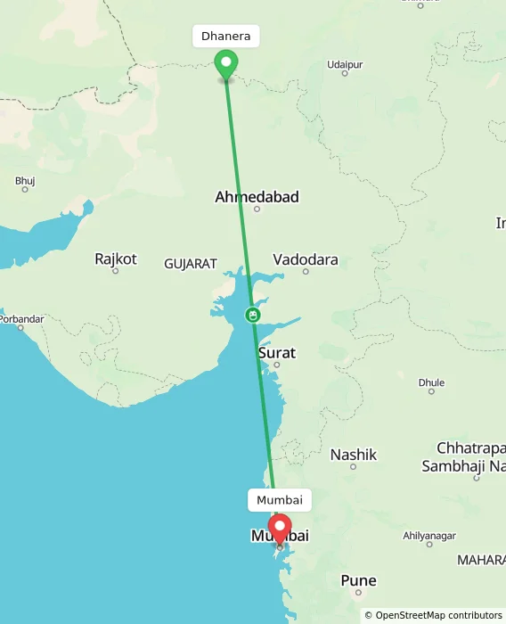 Route map showing distance and travel time from Dhanera, India to Mumbai, India