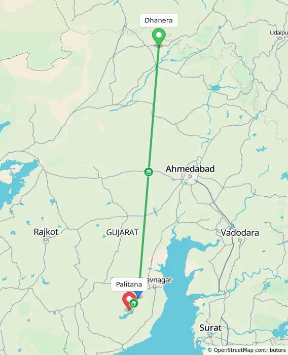 Route map showing distance and travel time from Dhanera, India to Palitana, India