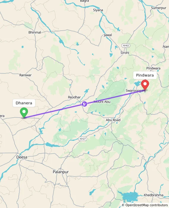Route map showing distance and travel time from Dhanera, India to Pindwara, India