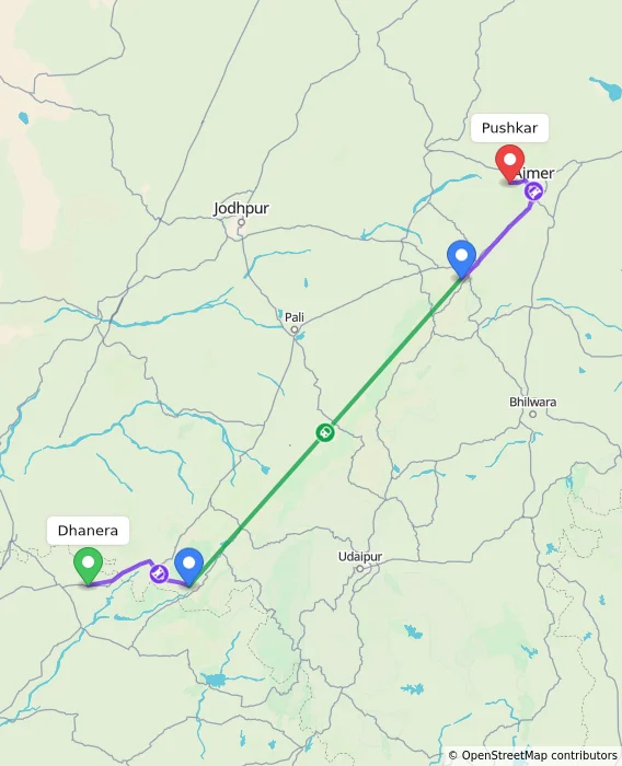 Route map showing distance and travel time from Dhanera, India to Pushkar, India