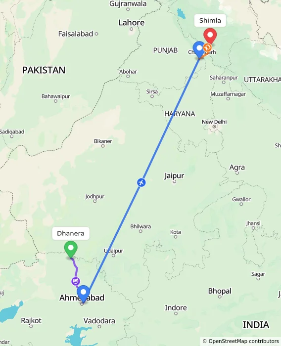 Route map showing distance and travel time from Dhanera, India to Shimla, India
