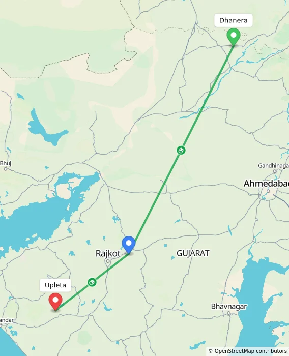 Route map showing distance and travel time from Dhanera, India to Upleta, India