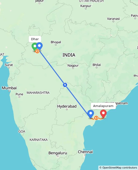 Route map showing distance and travel time from Dhar, India to Amalapuram, India