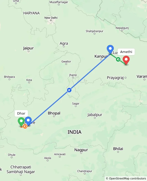 Route map showing distance and travel time from Dhar, India to Amethi, India