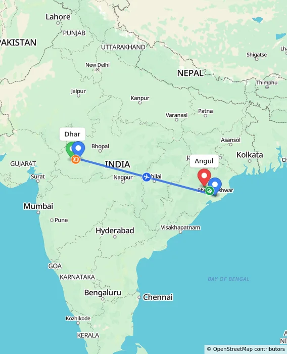 Route map showing distance and travel time from Dhar, India to Angul, India