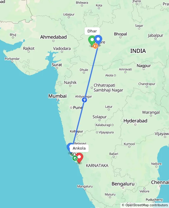 Route map showing distance and travel time from Dhar, India to Ankola, India