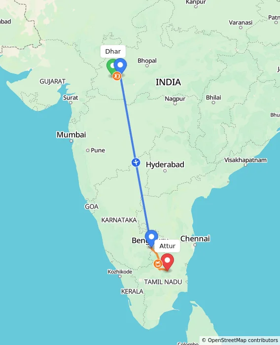 Route map showing distance and travel time from Dhar, India to Attur, India