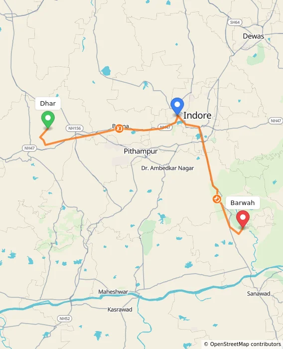 Route map showing distance and travel time from Dhar, India to Barwah, India