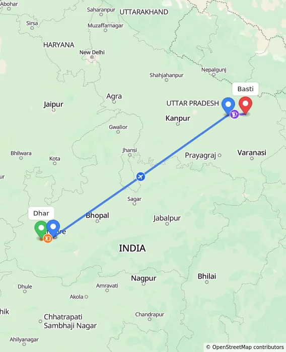 Route map showing distance and travel time from Dhar, India to Basti, India