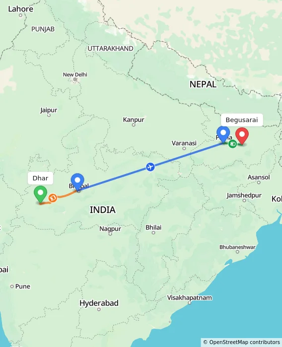 Route map showing distance and travel time from Dhar, India to Begusarai, India