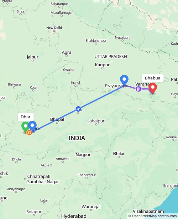 Route map showing distance and travel time from Dhar, India to Bhabua, India